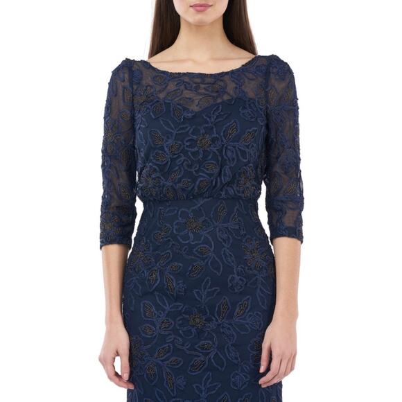 JS Collections Metallic Soutache Blouson Mesh Gown in Navy Gold, Size 10 - Picture 2 of 11
